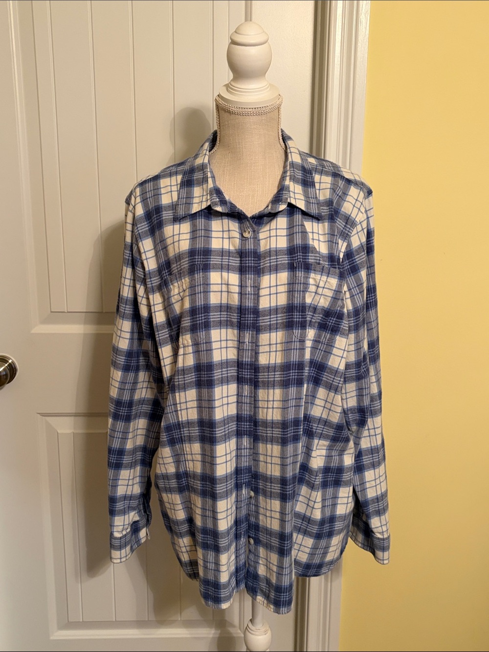 L.L. Bean Blue and White Plaid Cotton Button-Down Shirt